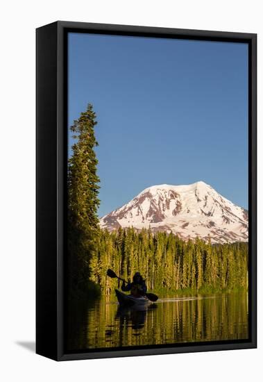 USA, WA. Woman kayaker paddles on calm, scenic Takhlakh Lake with Mt. Adams in the background.-Gary Luhm-Framed Premier Image Canvas