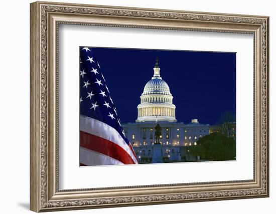 USA, Washington DC. Capitol Building and US flag at night.-Jaynes Gallery-Framed Photographic Print