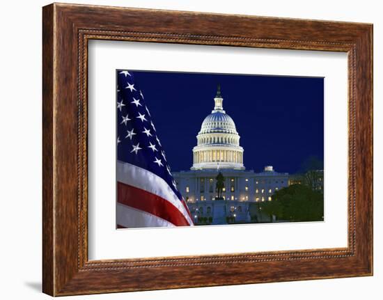 USA, Washington DC. Capitol Building and US flag at night.-Jaynes Gallery-Framed Photographic Print