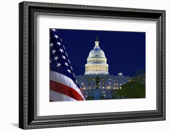 USA, Washington DC. Capitol Building and US flag at night.-Jaynes Gallery-Framed Photographic Print