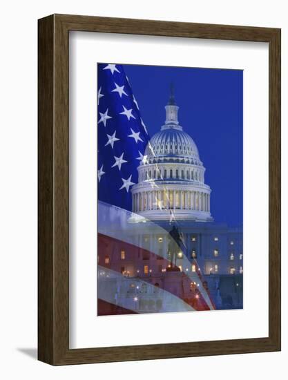 USA, Washington DC. Composite of flag and Capitol Building at night.-Jaynes Gallery-Framed Photographic Print