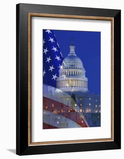 USA, Washington DC. Composite of flag and Capitol Building at night.-Jaynes Gallery-Framed Photographic Print