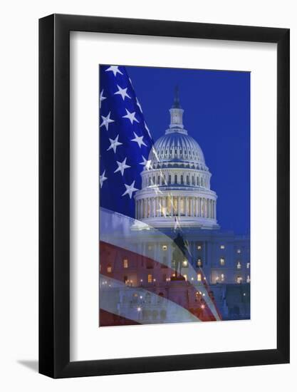 USA, Washington DC. Composite of flag and Capitol Building at night.-Jaynes Gallery-Framed Photographic Print