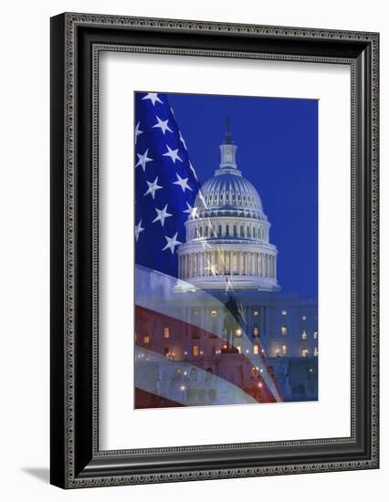 USA, Washington DC. Composite of flag and Capitol Building at night.-Jaynes Gallery-Framed Photographic Print
