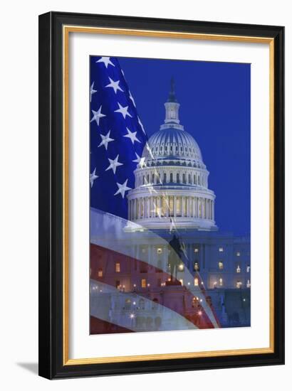 USA, Washington DC. Composite of flag and Capitol Building at night.-Jaynes Gallery-Framed Photographic Print