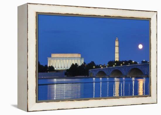 USA, Washington DC, Moon Rising Over the Memorial Bridge and the Lincoln Memorial,-Hollice Looney-Framed Premier Image Canvas