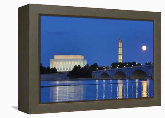 USA, Washington DC, Moon Rising Over the Memorial Bridge and the Lincoln Memorial,-Hollice Looney-Framed Premier Image Canvas