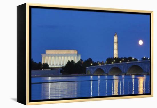 USA, Washington DC, Moon Rising Over the Memorial Bridge and the Lincoln Memorial,-Hollice Looney-Framed Premier Image Canvas