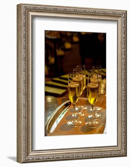 USA, Washington, Seattle. Champagne glasses at formal dinner.-Richard Duval-Framed Photographic Print