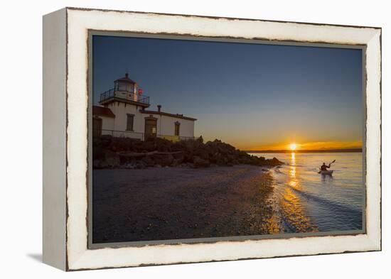 USA, Washington, Seattle. Kayaker Near Discovery Park Lighthouse-Gary Luhm-Framed Premier Image Canvas