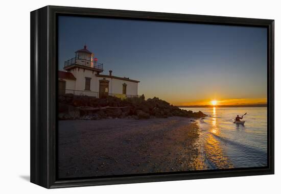 USA, Washington, Seattle. Kayaker Near Discovery Park Lighthouse-Gary Luhm-Framed Premier Image Canvas