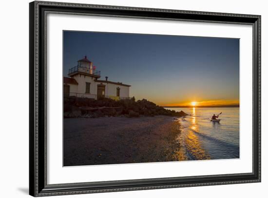 USA, Washington, Seattle. Kayaker Near Discovery Park Lighthouse-Gary Luhm-Framed Photographic Print