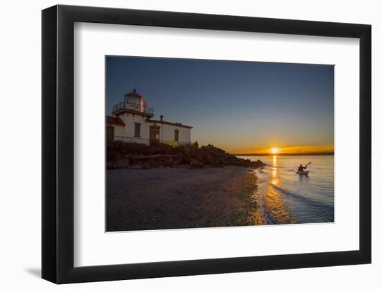 USA, Washington, Seattle. Kayaker Near Discovery Park Lighthouse-Gary Luhm-Framed Photographic Print