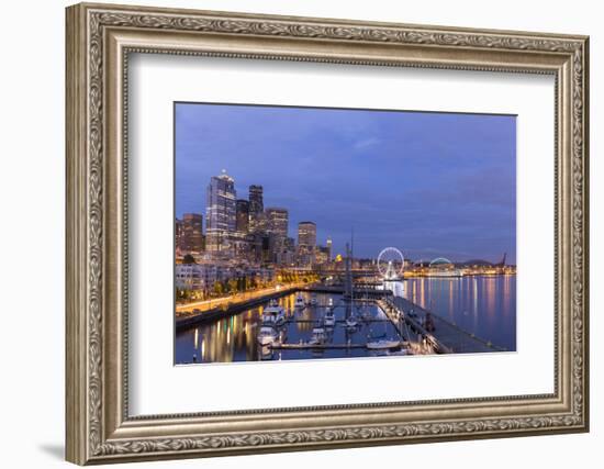 USA, Washington, Seattle. Night Time Skyline from Pier 66-Brent Bergherm-Framed Photographic Print