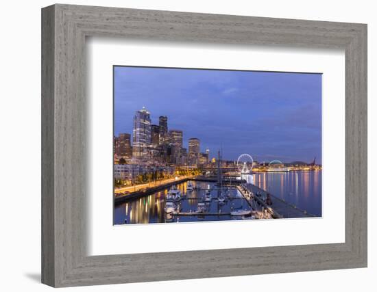 USA, Washington, Seattle. Night Time Skyline from Pier 66-Brent Bergherm-Framed Photographic Print