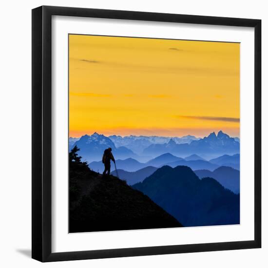 USA, Washington State. A backpacker descending from the Skyline Divide at sunset.-Gary Luhm-Framed Photographic Print