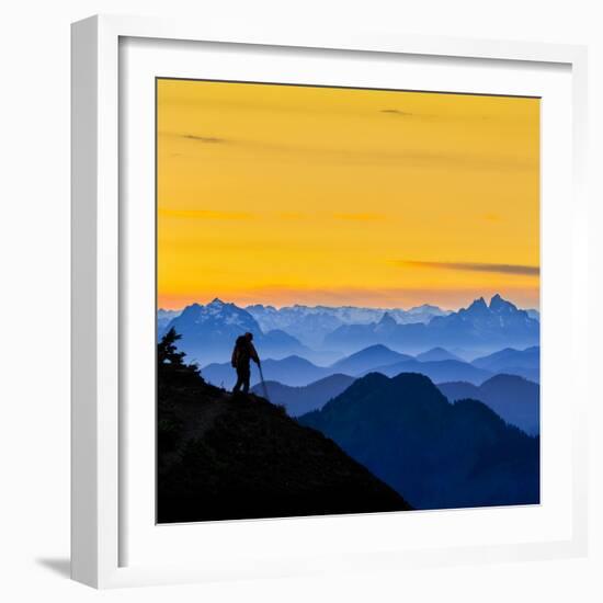 USA, Washington State. A backpacker descending from the Skyline Divide at sunset.-Gary Luhm-Framed Photographic Print