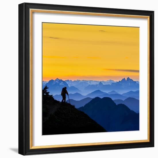 USA, Washington State. A backpacker descending from the Skyline Divide at sunset.-Gary Luhm-Framed Photographic Print