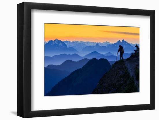 USA, Washington State. A backpacker descending from the Skyline Divide at sunset.-Gary Luhm-Framed Photographic Print