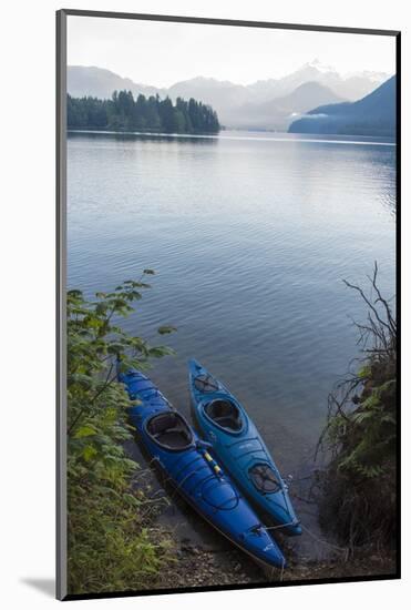 USA, Washington State. Kayaks tied at shore Anderson Point Campground. Mt. Shuksan morning light-Trish Drury-Mounted Photographic Print