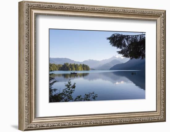 USA, Washington State. Morning calm Baker Lake under Mt. Shuksan. God Rays and two fishing boats-Trish Drury-Framed Photographic Print