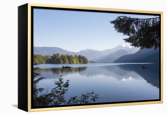 USA, Washington State. Morning calm Baker Lake under Mt. Shuksan. God Rays and two fishing boats-Trish Drury-Framed Premier Image Canvas