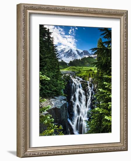 USA, Washington State, Mount Rainier National Park, Mount Rainier, waterfall-George Theodore-Framed Photographic Print