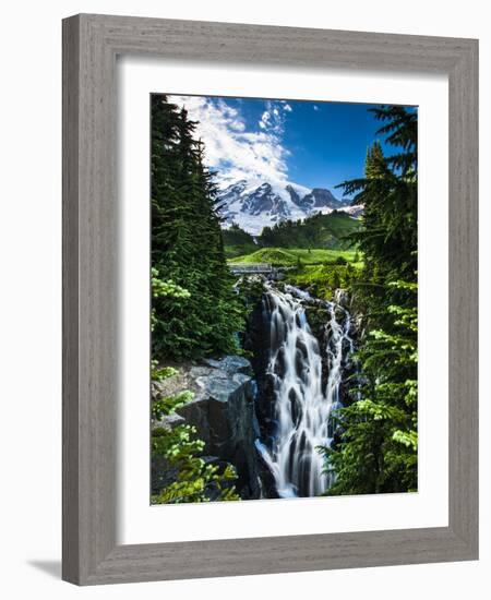 USA, Washington State, Mount Rainier National Park, Mount Rainier, waterfall-George Theodore-Framed Photographic Print