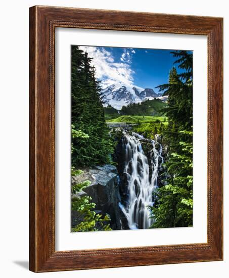 USA, Washington State, Mount Rainier National Park, Mount Rainier, waterfall-George Theodore-Framed Photographic Print