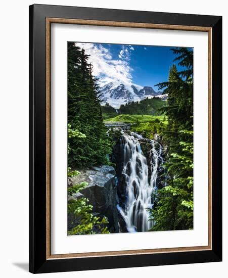 USA, Washington State, Mount Rainier National Park, Mount Rainier, waterfall-George Theodore-Framed Photographic Print