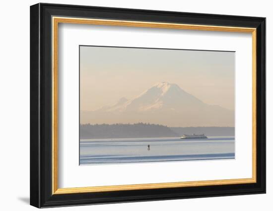 USA, Washington State. Mt. Rainier in morning light. Calm Puget Sound ferry crossing-Trish Drury-Framed Photographic Print