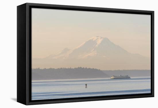 USA, Washington State. Mt. Rainier in morning light. Calm Puget Sound ferry crossing-Trish Drury-Framed Premier Image Canvas