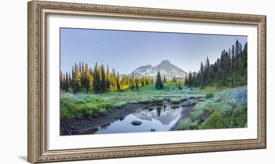 USA. Washington State. Mt. Rainier reflected in tarn amid wildflowers, Mt. Rainier National Park.-Gary Luhm-Framed Photographic Print