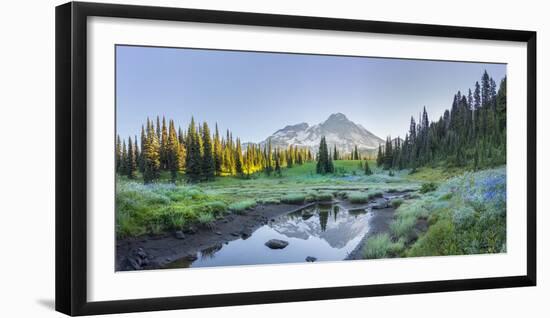 USA. Washington State. Mt. Rainier reflected in tarn amid wildflowers, Mt. Rainier National Park.-Gary Luhm-Framed Photographic Print