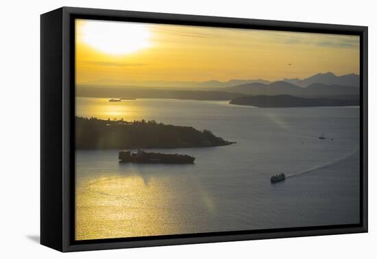 USA, Washington State, Seattle. A Washington State ferry crosses Puget Sound at sunset.-Merrill Images-Framed Premier Image Canvas