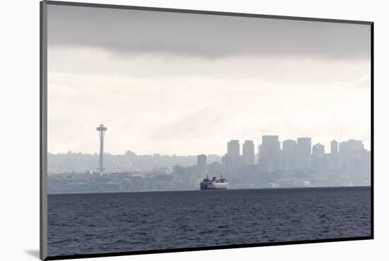 USA, Washington State, Seattle. Bainbridge Ferry departs from waterfront. Space Needle and skyline-Trish Drury-Mounted Photographic Print