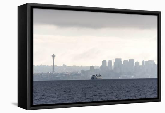 USA, Washington State, Seattle. Bainbridge Ferry departs from waterfront. Space Needle and skyline-Trish Drury-Framed Premier Image Canvas