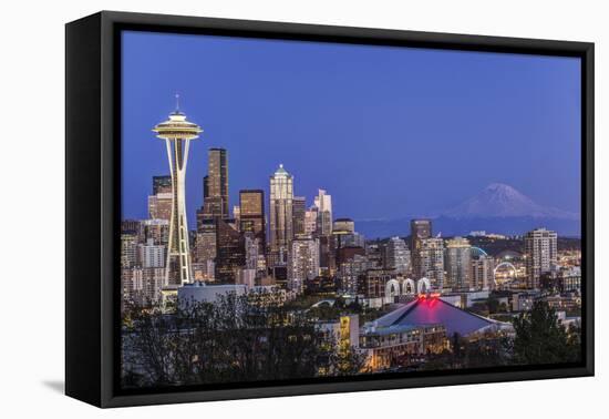 USA, Washington State, Seattle, Downtown and Mt. Rainier at Twilight-Rob Tilley-Framed Premier Image Canvas