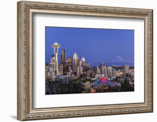 USA, Washington State, Seattle, Downtown and Mt. Rainier at Twilight-Rob Tilley-Framed Photographic Print