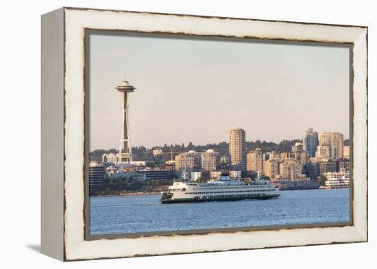 USA, Washington State, Seattle. Elliott Bay waterfront. Bainbridge ferry approaches in front of Spa-Trish Drury-Framed Premier Image Canvas