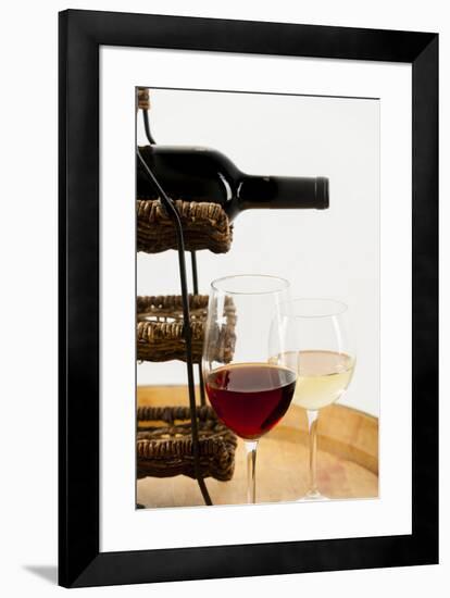 USA, Washington State, Seattle. Glass of red and white wine on a barrel.-Richard Duval-Framed Photographic Print