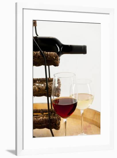 USA, Washington State, Seattle. Glass of red and white wine on a barrel.-Richard Duval-Framed Photographic Print