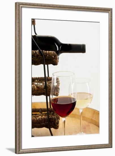 USA, Washington State, Seattle. Glass of red and white wine on a barrel.-Richard Duval-Framed Photographic Print