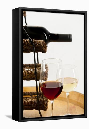 USA, Washington State, Seattle. Glass of red and white wine on a barrel.-Richard Duval-Framed Premier Image Canvas