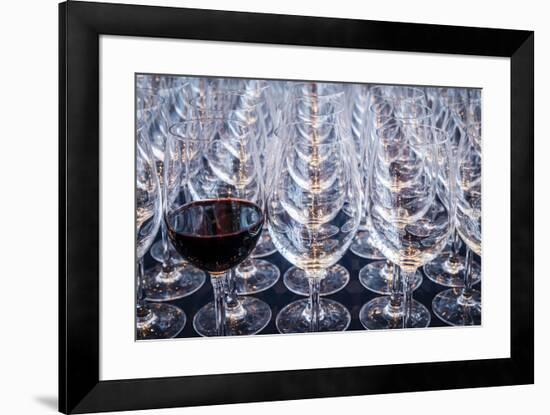 USA, Washington State, Seattle. Red wine in row of glasses.-Richard Duval-Framed Photographic Print