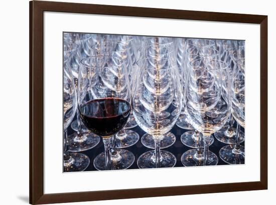 USA, Washington State, Seattle. Red wine in row of glasses.-Richard Duval-Framed Photographic Print