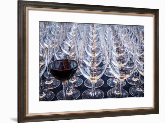 USA, Washington State, Seattle. Red wine in row of glasses.-Richard Duval-Framed Photographic Print