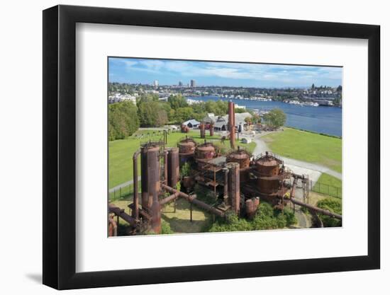 USA, Washington State, Seattle, rusted gas tanks at Gas Works Park and Lake Union.-Merrill Images-Framed Photographic Print