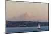 USA, Washington State, Seattle. Sailboat passes in front of Mt. Rainier pink dusk light-Trish Drury-Mounted Photographic Print