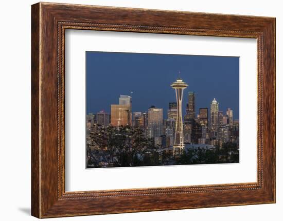 USA, Washington State. Seattle skyline at dusk.-Jaynes Gallery-Framed Photographic Print